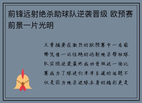 前锋远射绝杀助球队逆袭晋级 欧预赛前景一片光明