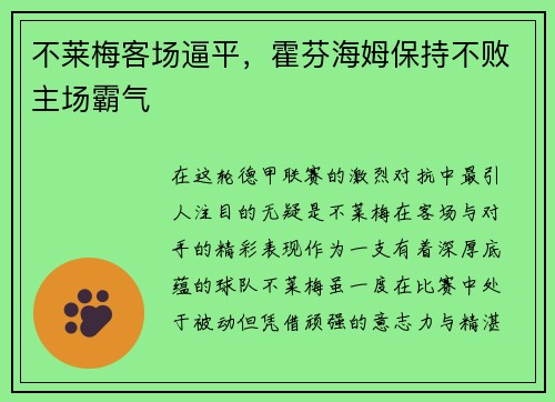 不莱梅客场逼平，霍芬海姆保持不败主场霸气