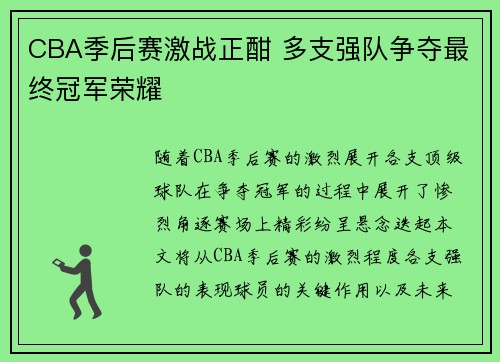 CBA季后赛激战正酣 多支强队争夺最终冠军荣耀