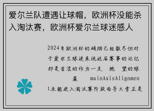 爱尔兰队遭遇让球帽，欧洲杯没能杀入淘汰赛，欧洲杯爱尔兰球迷感人